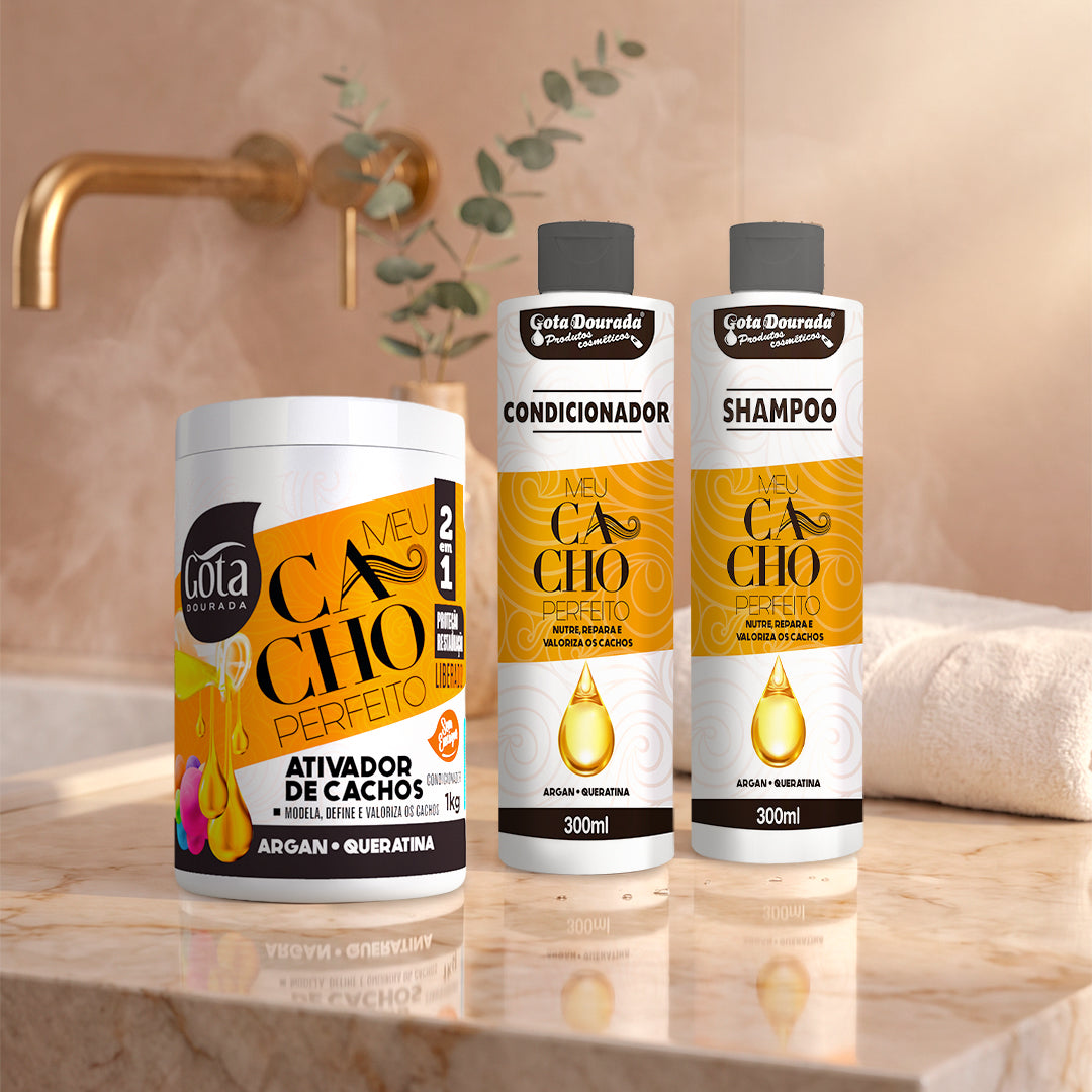 Kit Rizos Perfectos Argan y Queratina - Shampoo Acondicionador y crema de peinar Marca Gota Dorada - Chile