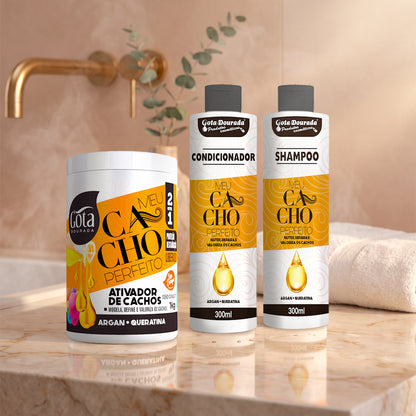 Kit Rizos Perfectos Argan y Queratina - Shampoo Acondicionador y crema de peinar Marca Gota Dorada - Chile