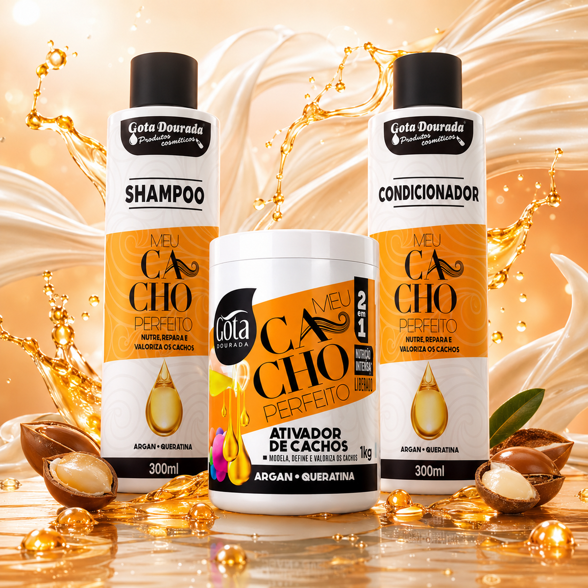 Kit Rizos Perfectos Argan y Queratina - Shampoo Acondicionador y crema de peinar Marca Gota Dorada - Chile