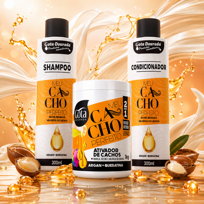 Kit Rizos Perfectos Argan y Queratina - Shampoo Acondicionador y crema de peinar Marca Gota Dorada - Chile