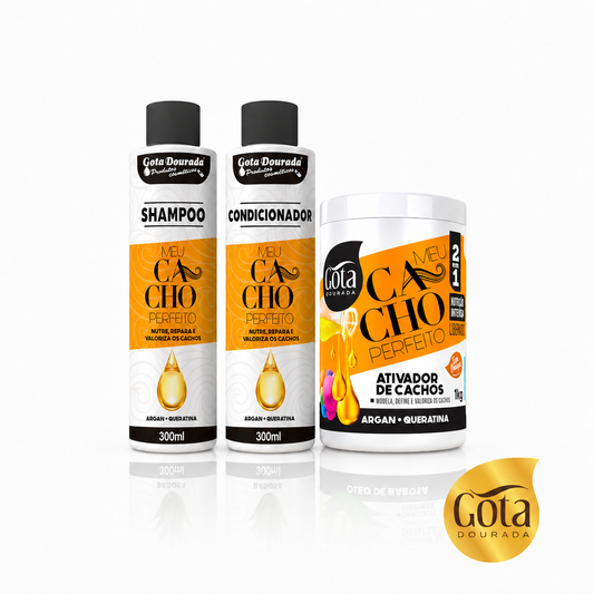 Kit Rizos Perfectos Argan y Queratina - Shampoo Acondicionador y crema de peinar Marca Gota Dorada - Chile