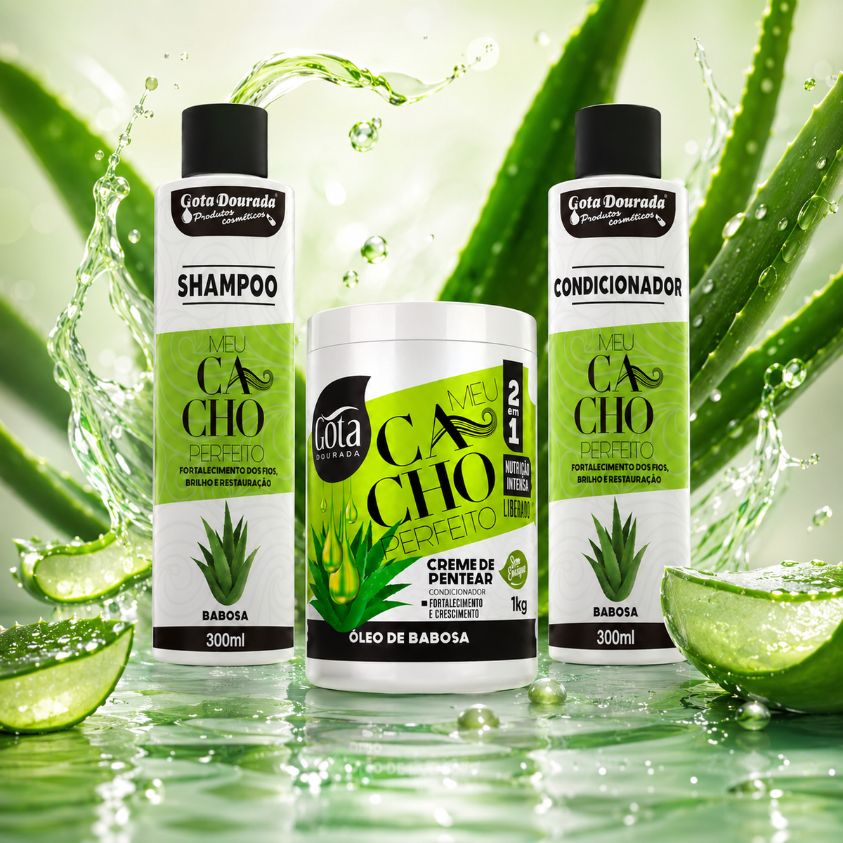 Kit Rizos Perfectos Aloe Vera - Shampoo Acondicionador y Crema de Peinar Marca Gota Dorada - Chile