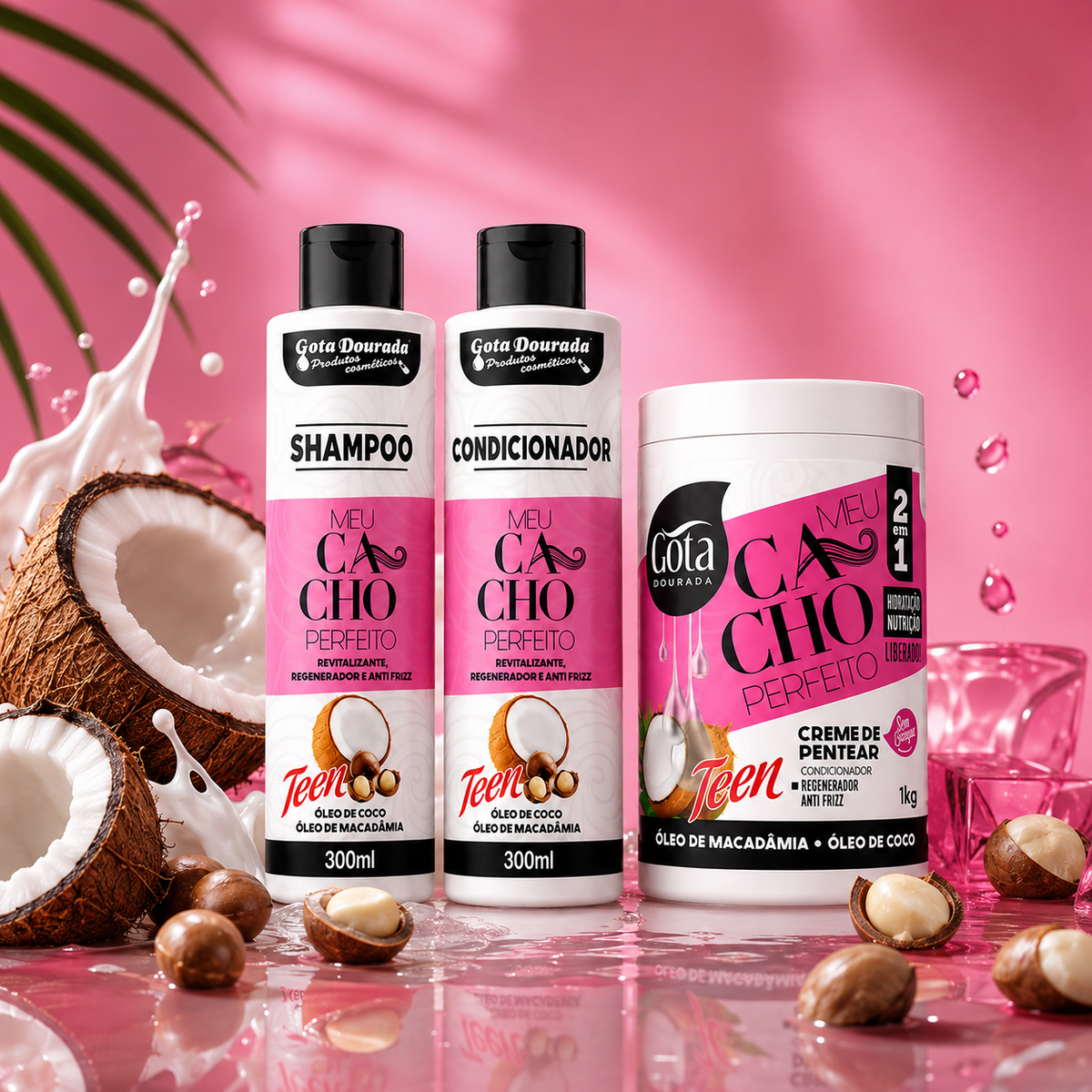 Kit Rizos Perfectos Macadamia Coco - Shampoo Acondicionador y Crema de peinar Marca Gota Dorada - Chile