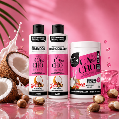 Kit Rizos Perfectos Macadamia Coco - Shampoo Acondicionador y Crema de peinar Marca Gota Dorada - Chile
