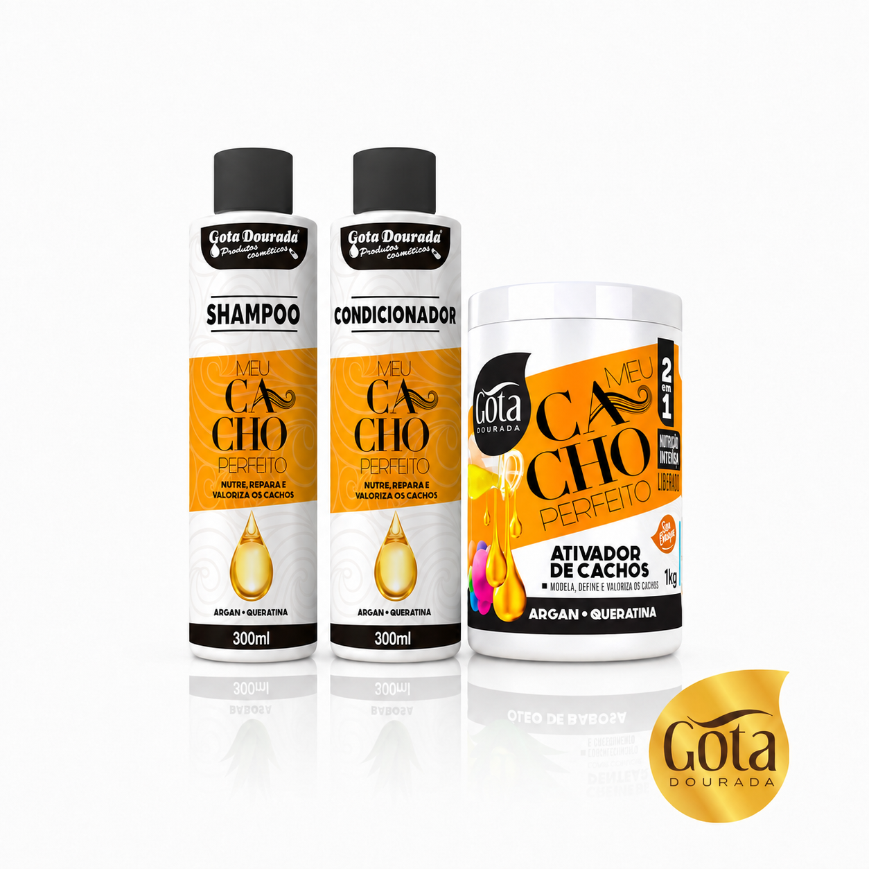 kit shampoo acondicionador y crema de peinar mi rizo perfecto gota dourada