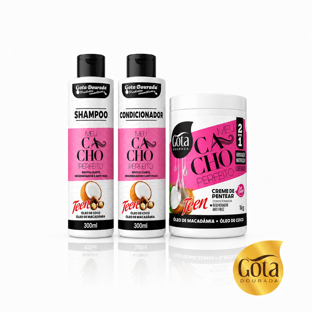 kit shampoo acondicionador y crema de peinar mis rizos perfectos gota dourada