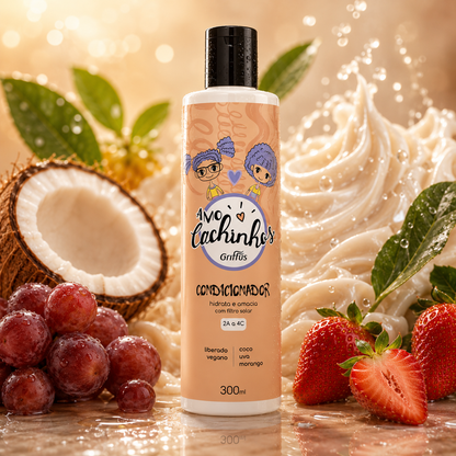 amo cachinhos acondicionador vegano griffus hidrata y suaviza con filtro solar ingredientes coco uva y fresa