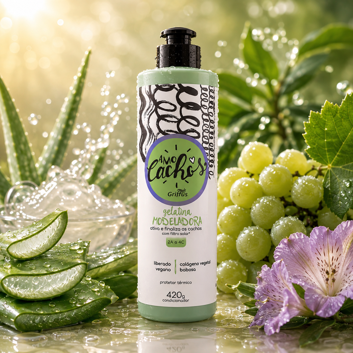 amo cachos gelatina modeladora rizos griffus activa y los rizos con filtro solar vegano con colageno vegetal y aloe